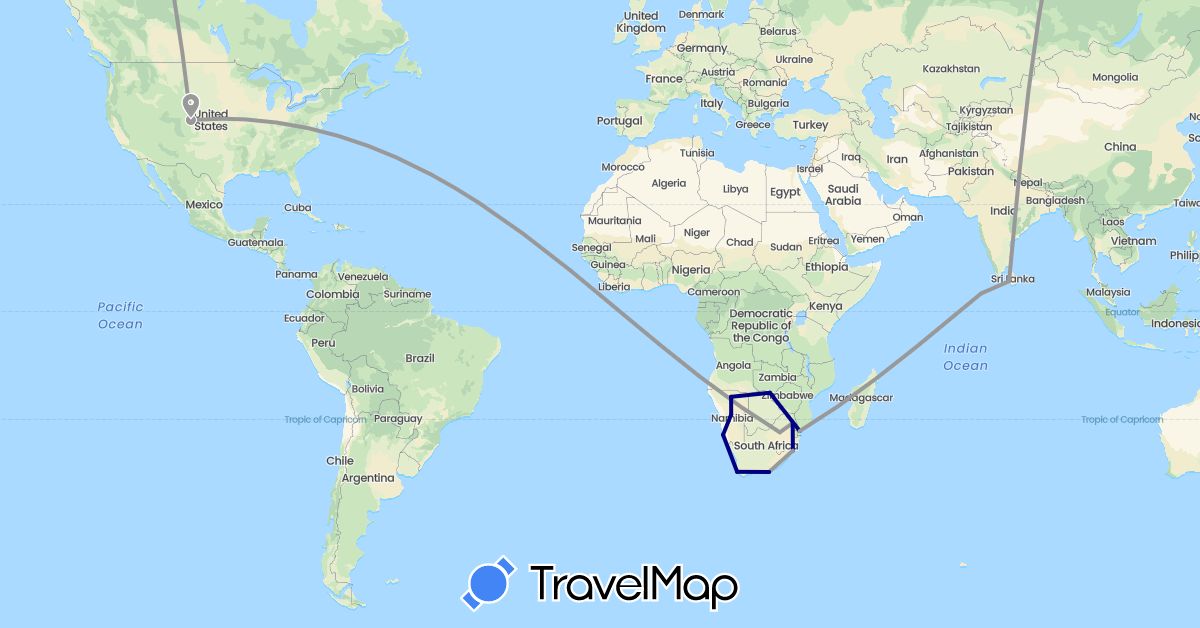 TravelMap itinerary: driving, plane in Sri Lanka, Maldives, Mozambique, Namibia, United States, South Africa, Zimbabwe (Africa, Asia, North America)